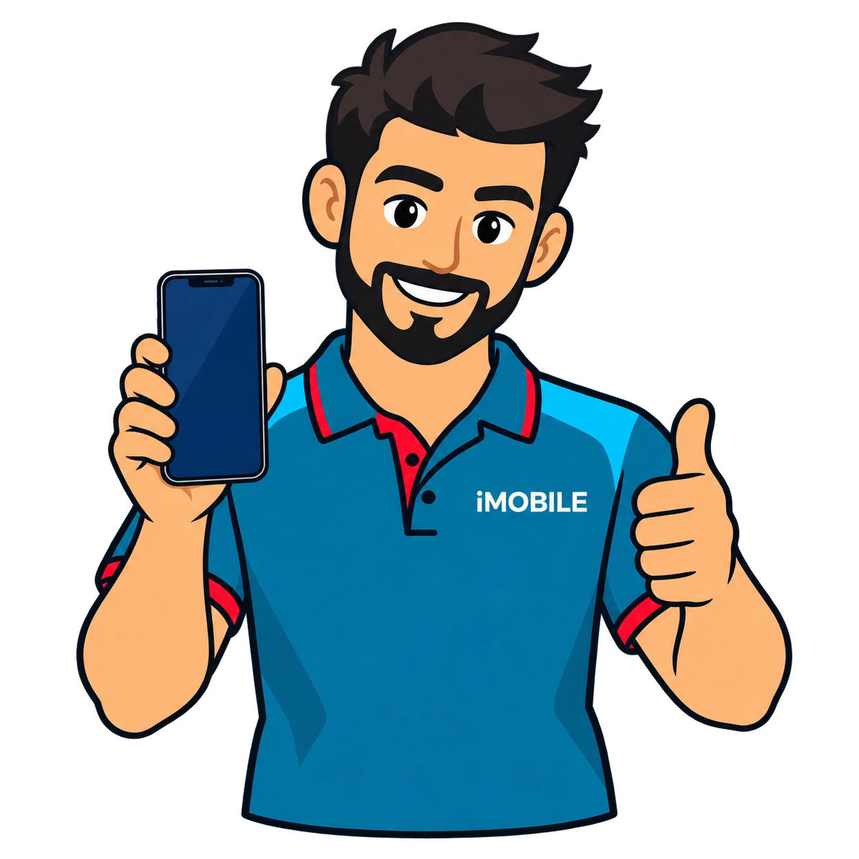Blije reparateur in iMobileshop-polo met een telefoon en duim omhoog